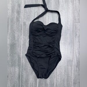 LA BLANCA Shirred One Piece Halter Swimsuit Black Womens US 4‎